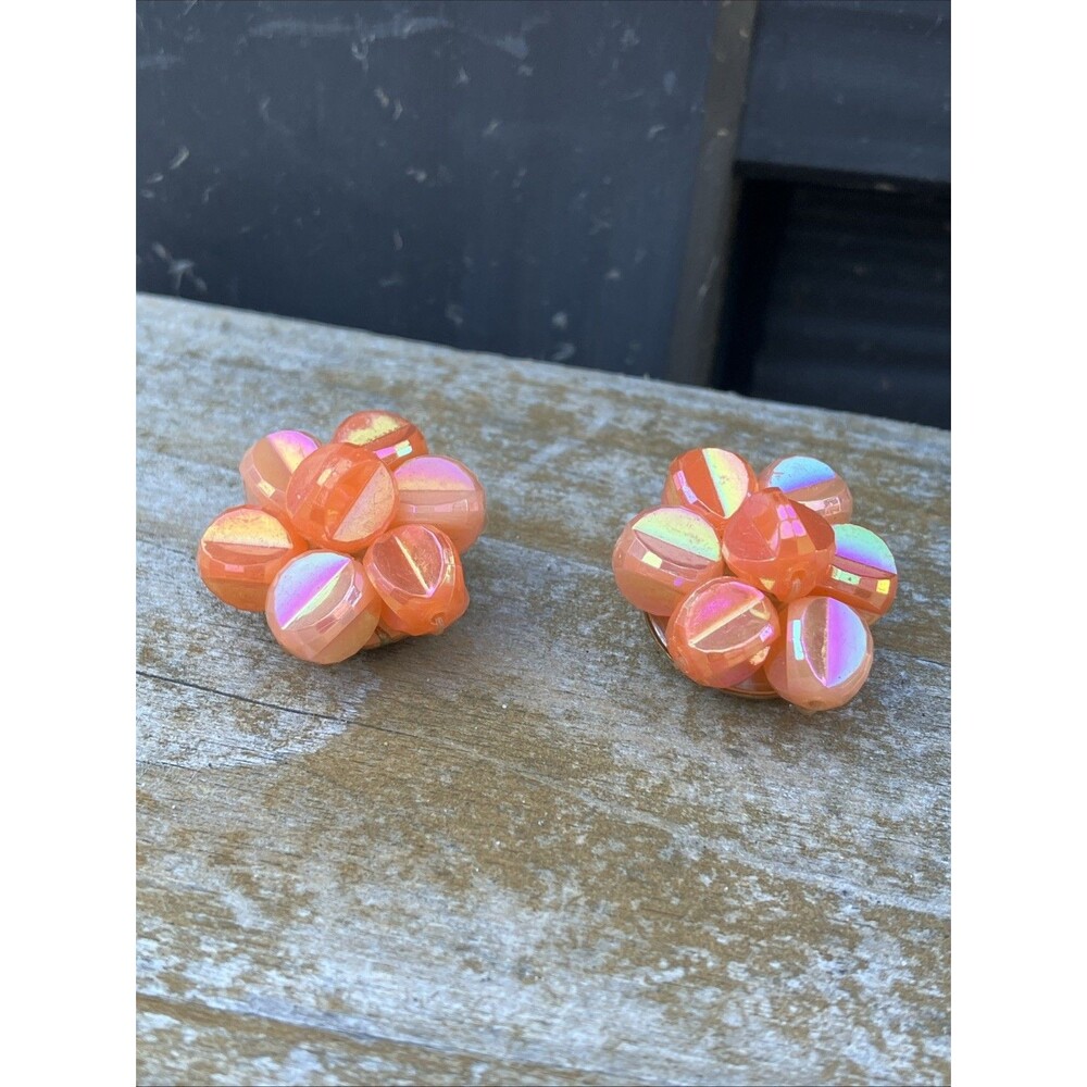 Vintage West Germany Beaded Cluster Clip On Earrings Peach MCM 50s 60s